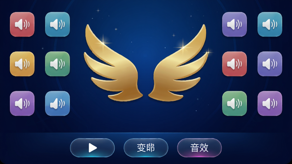 一张展示梦的翅膀语音盒主界面的高清截图,界面以深蓝色渐变为主色调,中央显示一个大大的金色翅膀图标,四周环绕着各种彩色语音包图标,底部有播放、变声、音效三个功能按钮,布局清晰,风格炫酷,画质细腻,干净无多余元素