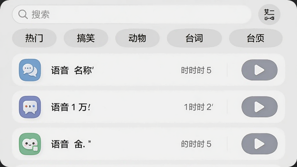 展示梦的翅膀语音盒语音包列表页的截图,列表项包含语音名称、时长和播放按钮,顶部有搜索框和分类标签,如热门、搞笑、动物、台词等,背景为浅灰色,界面清爽,图标圆润,画质清晰,干净无多余元素