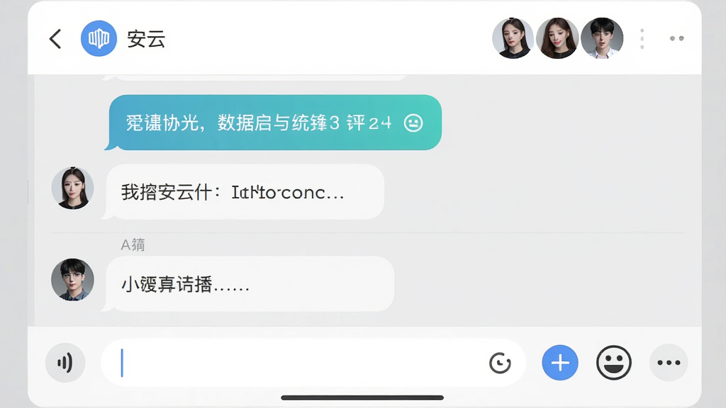 安云聊天界面预览图,显示对话气泡和输入框,背景为浅灰色,消息列表清晰,顶部有群名称和成员头像,底部有语音、表情、更多功能按钮,整体风格简洁,画质干净,无多余元素