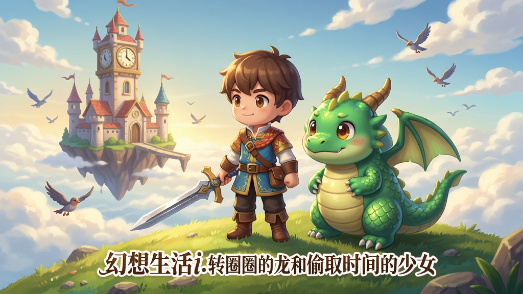 主体:幻想生活i游戏主视觉图,一位手持长剑的可爱少年与一只圆滚滚的绿色小龙并肩站在山丘上,远眺着漂浮着神秘时钟塔的奇幻王国。布局:中心构图,人物与龙位于画面中央偏下,背景是广阔的天空与云海,城堡与时钟塔点缀其间。排版:游戏标题“幻想生活i:转圈圈的龙和偷取时间的少女”以艺术字形式置于画面底部中央。风格:日系卡通渲染,色彩明亮柔和,光影温暖,细节丰富。细节:少年服装纹理清晰,小龙鳞片带有光泽,天空飘着几朵白云,远处有飞翔的鸟类。画质:8K超高清,画面干净通透,无多余元素。