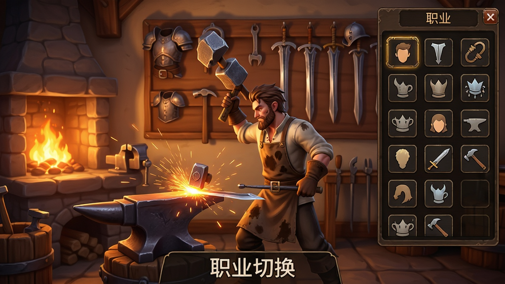 主体:幻想生活i游戏画面,展示角色在一间充满工具的铁匠铺中打造武器,身后墙上挂着各类职业的装备,画面右侧有一个职业切换面板。布局:左中右三分,左侧是火炉与铁砧,中间是角色挥锤动作,右侧为职业图标列表。排版:画面底部有“职业切换”字样。风格:游戏实机渲染,色彩温暖,细节丰富。细节:铁砧上火花四溅,角色围裙有污渍,职业图标清晰。画质:高清晰度,画面干净,无多余元素。