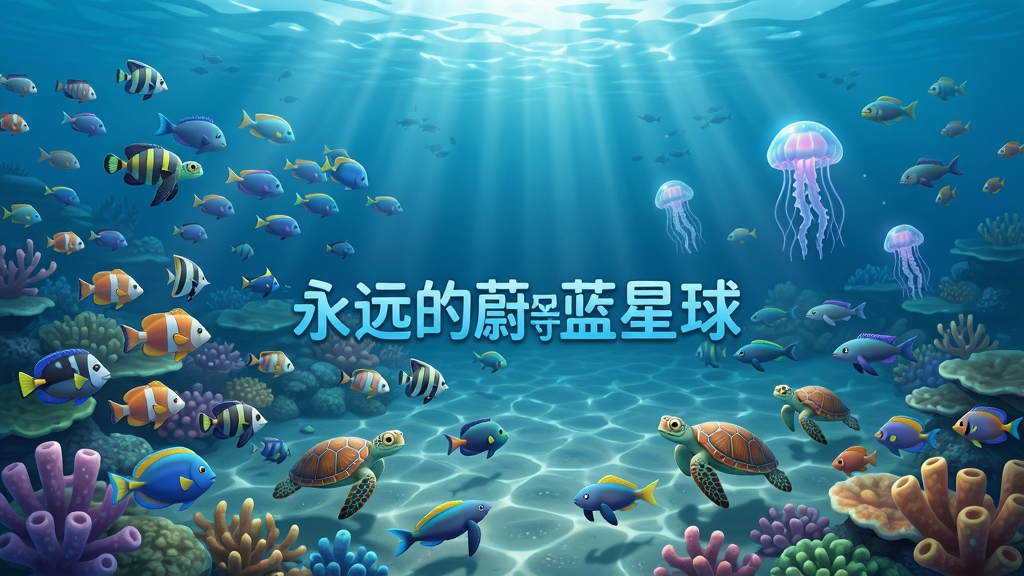 游戏内海洋生态截图,主体是光线透过水面照射到海底的珊瑚礁,多种海洋生物在周围游动,布局采用俯视视角,展现广阔的海底景观,风格为写实卡通渲染,细节包括鱼群、海龟、水母和光影折射,画面中标注“永远的蔚蓝星球”字样,画质细腻明亮,干净无多余UI元素。