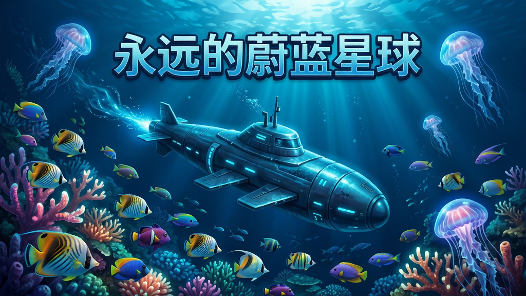 一幅充满神秘色彩的海洋冒险游戏宣传图,主体是一艘科技感十足的潜艇在发光珊瑚礁群中穿行,周围环绕着五彩斑斓的热带鱼群和水母,画面中央上方有游戏标题“永远的蔚蓝星球”艺术字,布局采用对角线构图,突出潜艇与鱼群的动态感,风格为数字绘景,细节呈现水流光效与生物荧光,画质高清通透,干净无多余元素。
