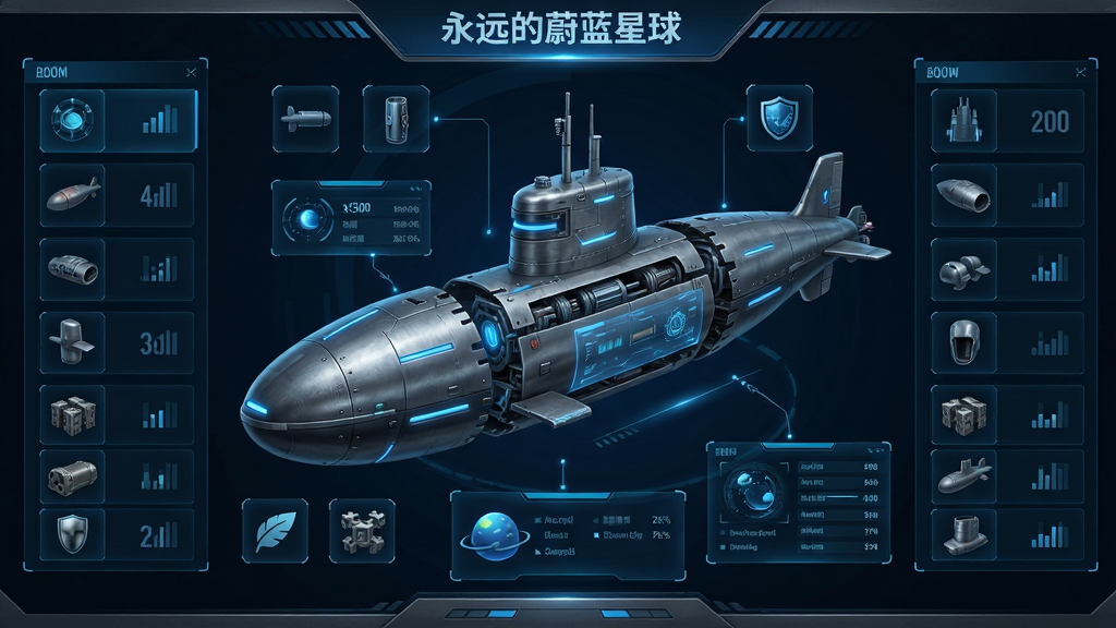 潜艇改装界面预览,主体是一艘被拆解展示的科技潜艇模型,周围环绕着各种功能模块图标和参数面板,布局为屏幕中央展示潜艇,两侧分布配件列表,风格为科幻UI设计,细节包括金属质感、发光线条和蓝色全息界面,画面中显示“永远的蔚蓝星球”标志,画质清晰整洁,无多余装饰。