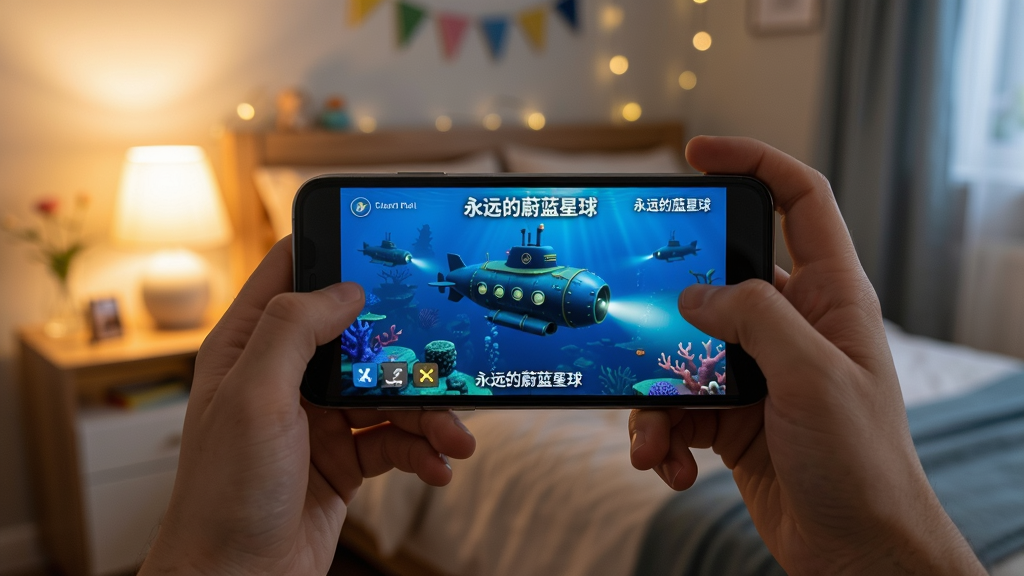 玩家手持手机游玩《永远的蔚蓝星球》,屏幕显示潜艇在深海中探索的场景,背景是温馨的卧室,布局为手机居中特写,周围有柔和灯光,风格为写实摄影,细节包括手机反光和游戏画面,画质清晰自然,干净无其他杂物。