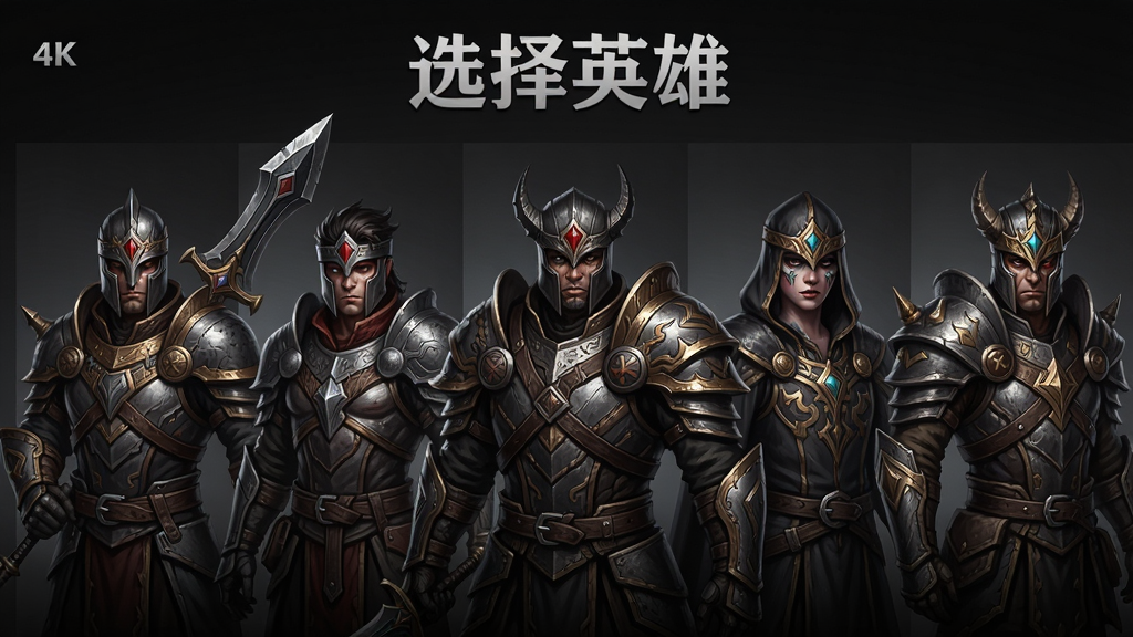 血盒2角色选择界面概念图,主体为多个形态各异的英雄半身像排列,布局为横向一排,排版整齐,风格为暗黑系卡牌立绘,细节包括每个角色独特的武器与盔甲纹路,画质为4K高清,干净,无多余元素,画面顶部写着