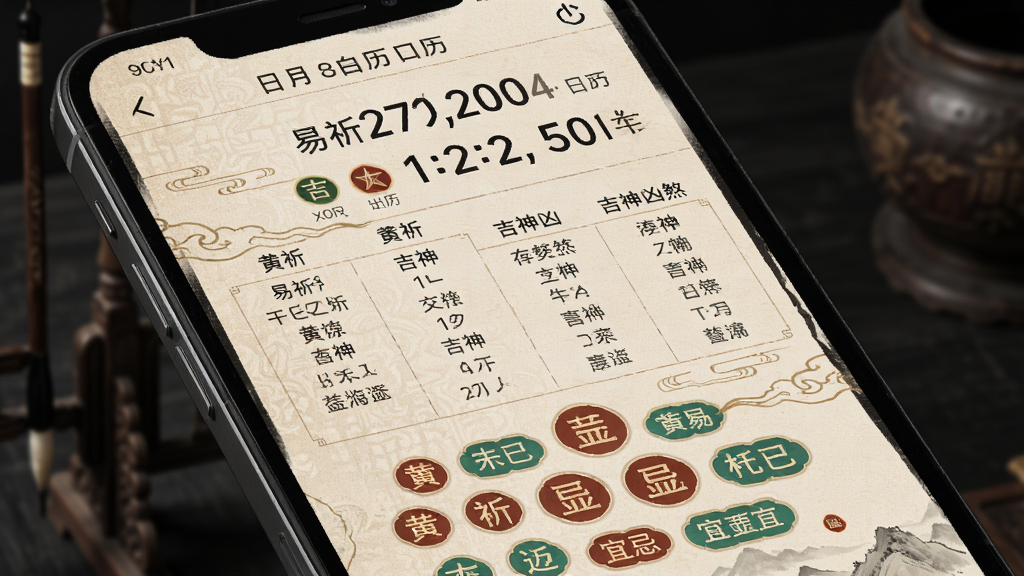 易祈文化黄历查询功能预览,主体为手机屏幕展示黄历详情,布局上方为日期与农历信息,中部为吉神凶煞列表,底部为宜忌标签云,风格古风典雅,细节包含干支纪年与五行图标,画质细腻,干净无多余元素