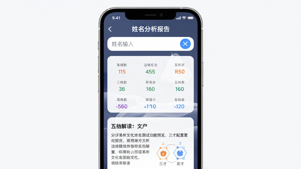 易祈文化姓名测试功能预览,主体为手机屏幕显示姓名分析报告,布局上方为姓名输入框,中部为五格评分表,底部为文字解读,风格简洁现代,细节包含笔画数与三才配置图,画质干净,无多余元素