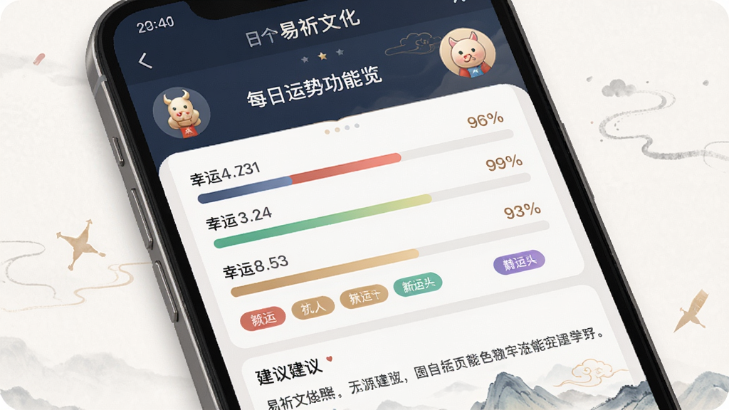 易祈文化每日运势功能预览,主体为手机屏幕显示运势详情页,布局顶部为日期与生肖图标,中部为分项评分条,底部为建议文字,风格淡雅,细节包含幸运数字与颜色标签,画质清晰,干净无多余元素
