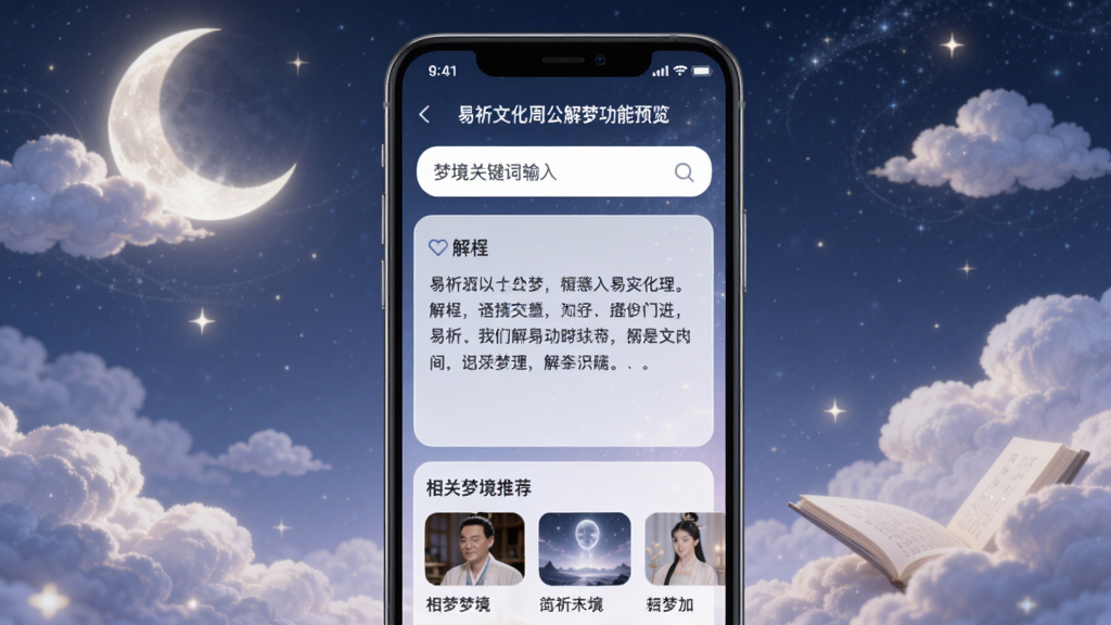 易祈文化周公解梦功能预览,主体为手机屏幕显示解梦结果页,布局上方为梦境关键词输入框,中部为解梦文字,底部为相关梦境推荐,风格梦幻柔和,细节包含云朵与月光元素,画质高清,干净无多余元素