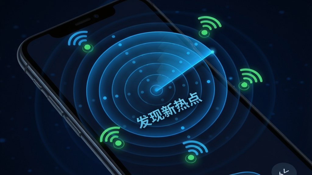 主体:万能WiFi连接钥匙的扫描界面,手机屏幕上显示雷达扫描动画,周围有多个WiFi信号点被点亮。布局:手机屏幕占主体,雷达波纹从中心向外扩散,信号点分布四周。排版:动态扫描效果,配以“发现新热点”的文字提示。风格:动感、科技蓝、现代感。细节:扫描线条为蓝色渐变,信号点为绿色,背景为深色。画质:细腻流畅,干净无多余元素。