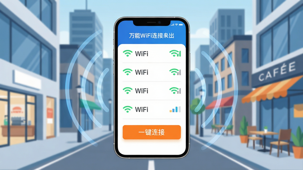 主体:万能WiFi连接钥匙APP界面,手机屏幕中显示附近WiFi列表和“一键连接”按钮,背景为现代城市街景,有商场、咖啡厅等场所。布局:手机居中,界面清晰展示信号强度图标,周围有放射状WiFi波纹。排版:简洁明快,突出“一键连接”核心功能。风格:科技感、清新、扁平化设计。细节:界面色彩以蓝色和白色为主,信号图标为绿色,按钮为醒目的橙色。画质:高清渲染,干净无多余元素。
