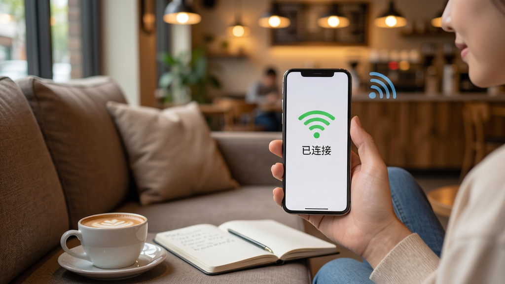 主体:万能WiFi连接钥匙使用场景,一个用户手持手机在咖啡厅内连接WiFi,屏幕上显示连接成功,旁边有咖啡杯和笔记本。布局:用户坐在沙发上,手机屏幕正面展示,背景为咖啡厅内部。排版:自然生活化,突出“一键连接”的便利性。风格:温馨、写实、明亮。细节:手机屏幕显示WiFi图标和“已连接”字样,咖啡厅有暖色灯光。画质:高清,干净无多余元素。