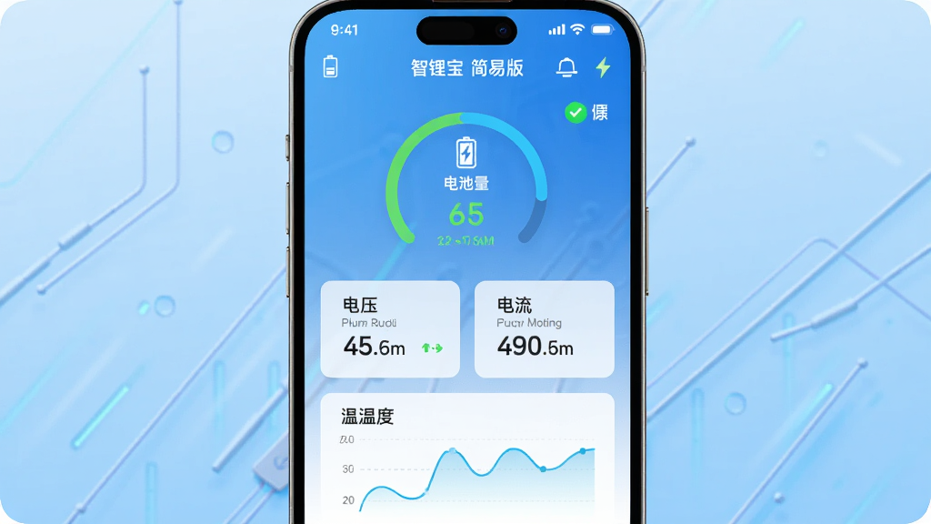 主体为手机屏幕展示智锂宝-简易版主界面,界面显示电池电量环图、电压电流数据卡片、温度曲线,背景为淡蓝色科技感渐变,布局居中排版,风格简洁现代,细节包括电池图标和绿色健康状态标识,画质高清干净,无多余元素。