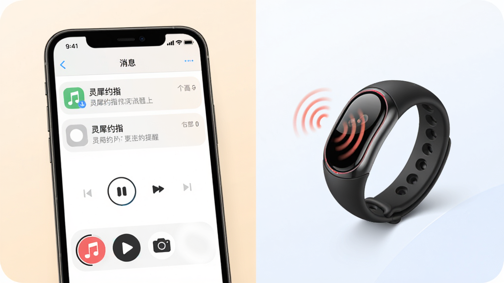 灵犀约指App消息提醒功能演示图,主体为手机与智能戒指的交互场景,手机屏幕显示消息通知,戒指震动动画,布局为左右分屏,排版清晰,风格温馨实用,细节包括音乐控制和拍照图标,画质高清干净,无多余元素