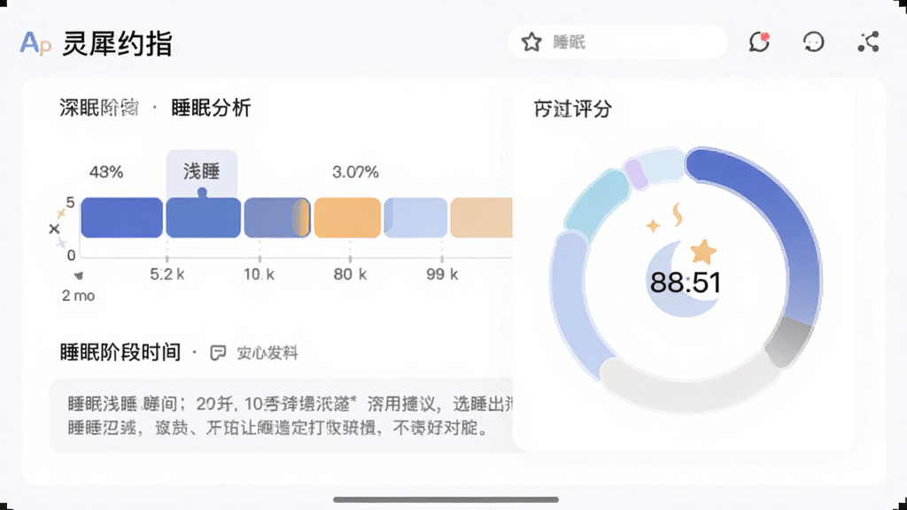 灵犀约指App睡眠分析界面图,主体为睡眠阶段时间轴与评分环形图,布局为上下结构,排版直观,风格柔和,细节包括深睡浅睡颜色区分和睡眠建议文字,画质干净无多余元素