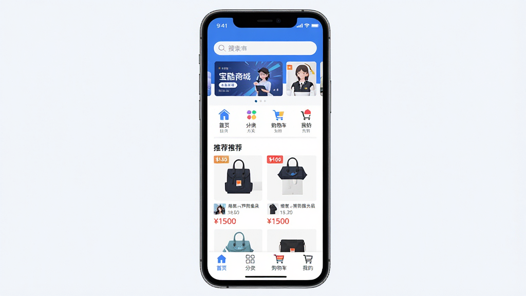 主体:宝酷商城APP界面展示,手机屏幕显示购物首页。布局:手机居中,屏幕内清晰展示商品分类、轮播横幅、推荐商品列表。排版:界面简洁,顶部搜索栏,中部功能图标,下方商品瀑布流。风格:现代扁平化,主色调为蓝色和白色,整体明亮清爽。细节:商品图片清晰,价格标签醒目,底部导航栏包含首页、分类、购物车、我的。画质:高清渲染,干净无多余元素。