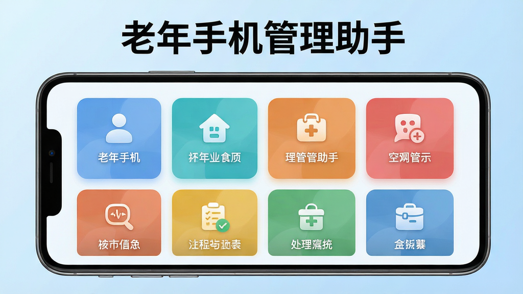 一张展示“老年手机管理助手”软件主界面的高清截图,主体为一部大屏幕智能手机,屏幕中显示软件首页,采用超大字体、超清图标布局,上方有“老年手机管理助手”字样,整体风格简洁明亮,背景为柔和的浅蓝色渐变,界面各功能区域用不同颜色卡片区分,排版整齐,画质细腻,干净无多余元素