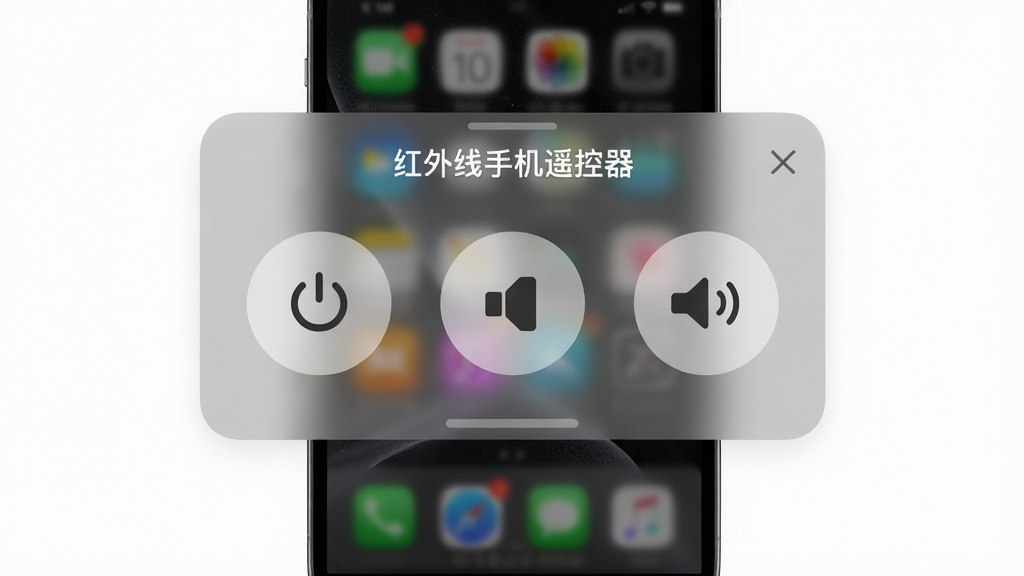 一张“红外线手机遥控器”应用的悬浮窗遥控器面板截图,面板上有电源、音量、频道等按钮,背景为半透明毛玻璃效果,手机桌面为深色壁纸,布局简洁,画质清晰,风格现代,无多余元素