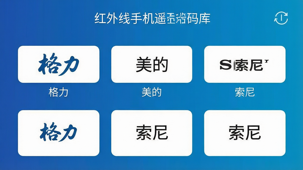 一张展示“红外线手机遥控器”APP红外码库界面的截图,屏幕中列出多个家电品牌图标如“格力”、“美的”、“索尼”,背景采用渐变的科技蓝色,界面布局为列表形式,风格扁平化,细节清晰,画质干净,无多余元素