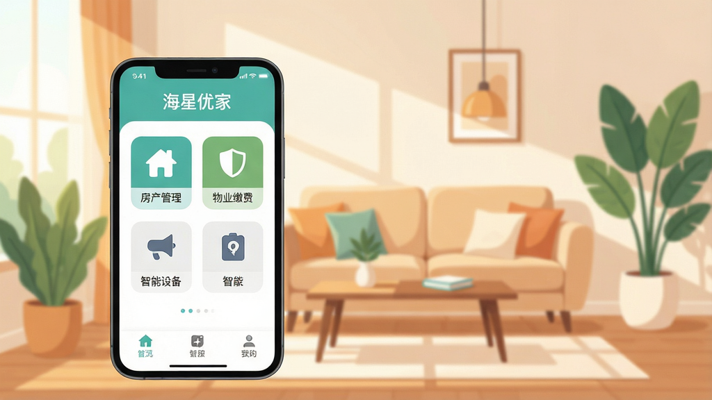 一幅展示现代智能家居生活的场景,主体是手机屏幕上的“海星优家”APP界面,界面风格简洁清新,包含房产管理、物业缴费、智能设备控制等图标,背景是温馨明亮的客厅,有沙发、绿植和柔和的自然光,整体布局层次分明,排版干净整洁,风格为扁平化插画,细节丰富,画质高清,干净无多余元素