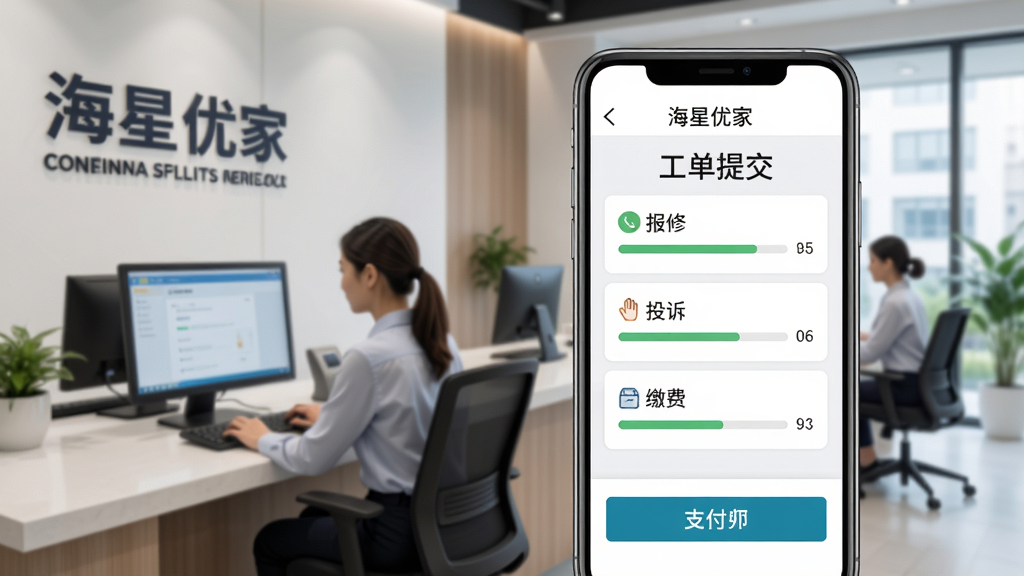 一幅展示“海星优家”物业服务功能的图片,主体是手机屏幕上的工单提交页面,包含报修、投诉、缴费等选项,背景为现代小区物业服务中心,有工作人员在电脑前工作,布局重心在手机屏幕,排版简洁,风格写实与扁平化结合,细节包括进度条和支付按钮,画质清晰,干净无多余元素