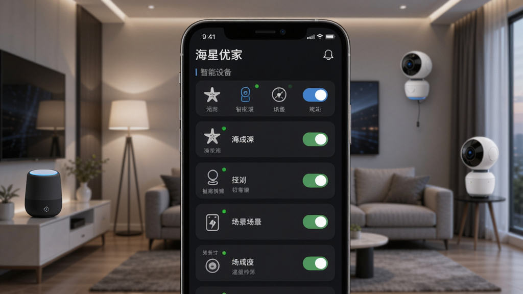 展示“海星优家”智能设备控制界面的图片,主体是手机屏幕上的设备列表和场景开关,背景是现代的智能客厅,有智能音箱、灯光和摄像头,布局集中在手机屏幕,排版现代科技感,风格为深色系扁平化,细节包括设备图标和状态灯,画质清晰,干净无多余元素