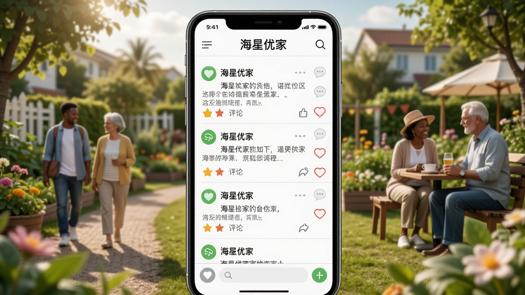 展示“海星优家”社区论坛界面的图片,主体是手机屏幕上的帖子列表和聊天窗口,背景是温馨的社区花园,有居民在散步和聊天,布局以手机为中心,排版活泼,风格清新自然,细节包括点赞评论图标,画质高清,干净无多余元素