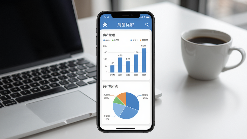 展示“海星优家”APP房产管理功能界面的图片,主体是手机屏幕上的房产列表和资产统计图表,图表包含柱状图和饼图,背景为简约的办公桌面,有笔记本电脑和一杯咖啡,布局集中在中央,排版清晰,风格为商务扁平化,细节包括数据标签,画质高清,干净无多余元素