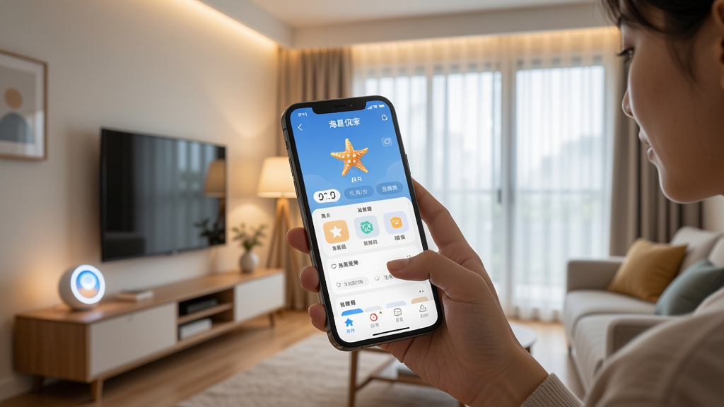 一幅展示“海星优家”APP使用场景的图片,主体是用户手持手机操作APP,背景是明亮的客厅,有智能灯光和窗帘,布局自然,风格写实,细节包括手机屏幕上的功能图标,画质清晰,干净无多余元素