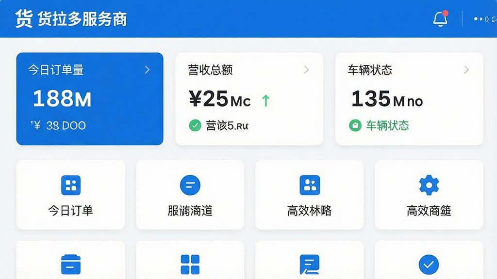 一张展示货拉多服务商软件主界面的高清截图,界面风格简洁现代,以蓝色和白色为主色调,顶部显示“货拉多服务商”品牌标识,中间区域清晰展示今日订单量、营收总额和车辆状态等核心数据卡片,下方为功能图标网格布局,整体画面干净明亮,突显专业与高效,画质清晰,无多余元素