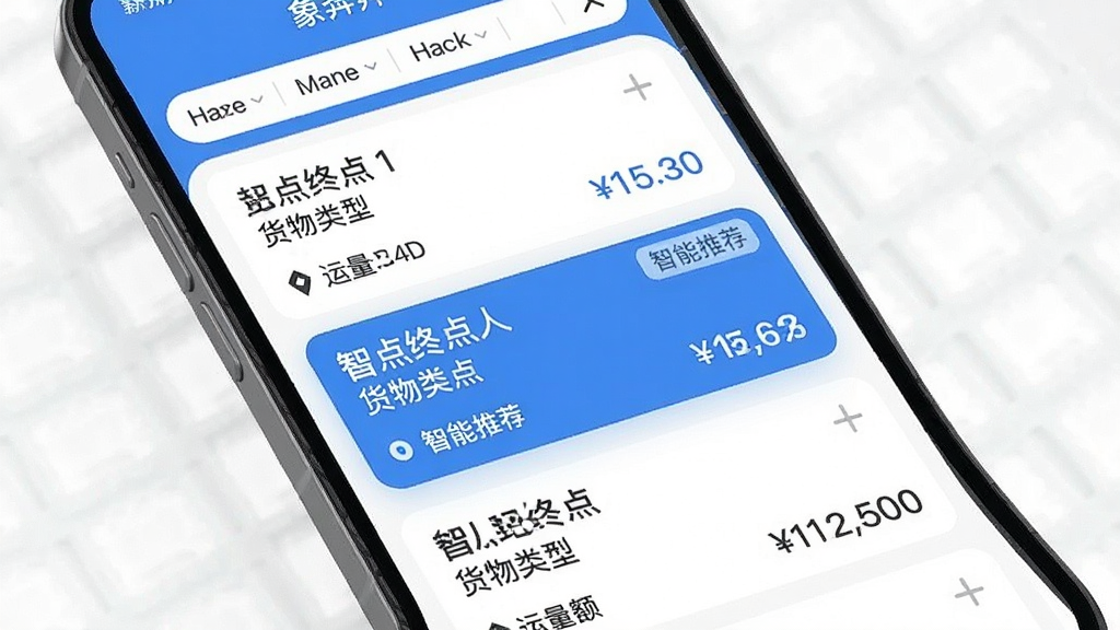 象奔奔司机端APP智能抢单界面截图预览图,主体为手机界面,列表页展示多个货源卡片,每张卡片清晰标注起点终点、货物类型、重量、运费金额,其中一张卡片被高亮显示并带有“智能推荐”标签,界面顶部有筛选条件栏,整体风格扁平化,蓝白配色,信息层级分明,画质干净,无多余元素