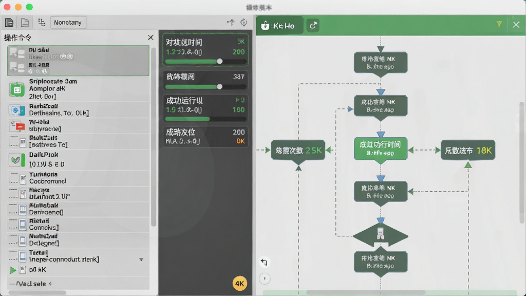 龙虾云手机脚本编辑界面,左侧是操作命令列表,右侧是可视化流程图,背景为淡灰色与绿色搭配,布局分栏设计,风格专业工具风格,细节有脚本运行时间和成功次数统计,画质4K清晰,干净无多余元素