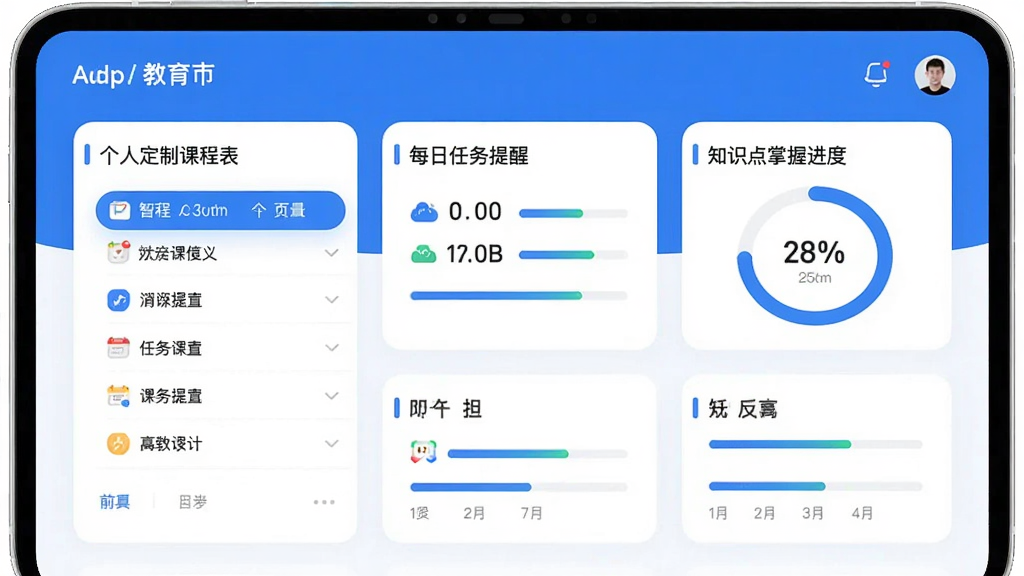前图教育APP智能学习规划页面,展示个人定制课程表、每日任务提醒、知识点掌握进度环,界面以蓝色和白色为主,卡片式布局,进度条清晰,整体风格清爽,画质干净,无多余元素