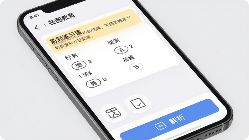 前图教育APP题库练习界面,手机屏幕显示行测选择题,下方有答题卡和解析按钮,背景为浅灰色,题目区域高亮,整体布局简洁,视觉舒适,画质清晰,无多余元素