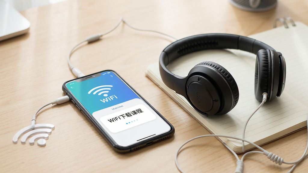 前图教育APP使用指南示意图,手机连接WiFi下载课程,旁边有耳机和笔记本,背景为浅色书桌,构图清晰,风格写实,画质干净,无多余元素