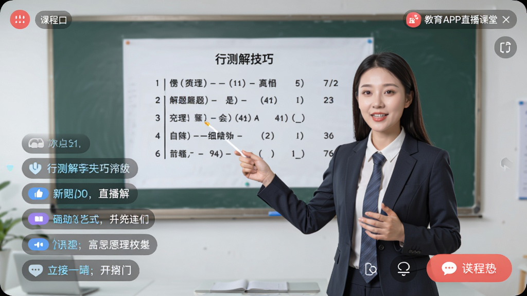 前图教育APP直播课堂界面,展示老师正在讲解行测解题技巧,屏幕下方有互动弹幕区和连麦按钮,右上角显示课程名称,整体画面生动,界面友好,画质高清,无多余元素
