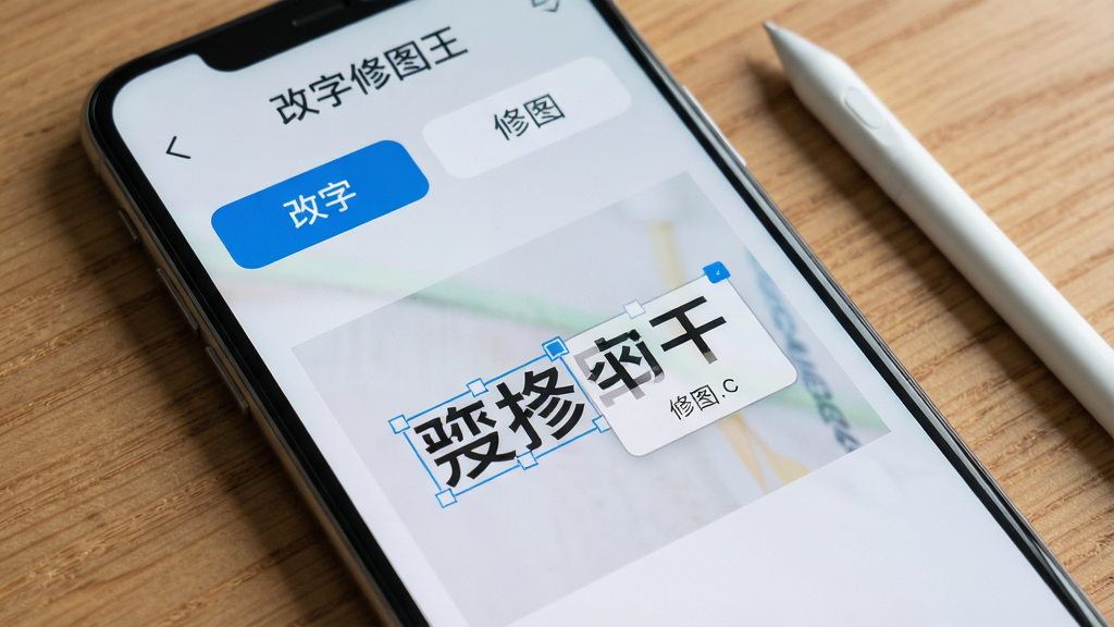 一张智能手机屏幕特写,屏幕中显示“改字修图王”应用主界面,界面简洁明亮,上方有“改字”和“修图”两个主要功能按钮,中间展示一张示例图片,图片上有一处文字被选中并出现编辑框,整体风格清爽,现代感强,背景为浅灰色,手机放在木质桌面上,旁边有一支触控笔,画质清晰,干净无多余元素