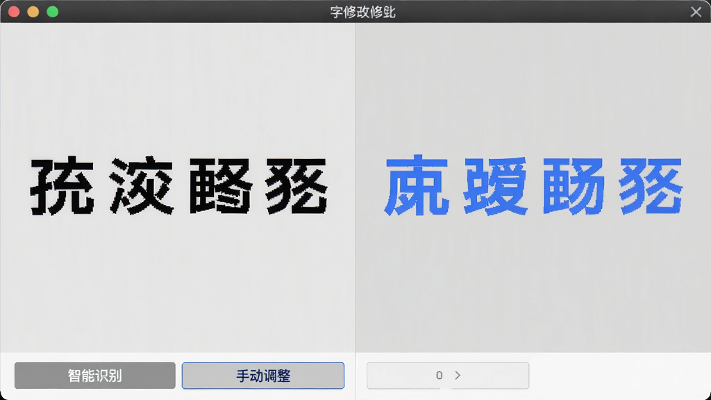 改字修图王软件界面截图,左侧为原图,右侧为修改后的对比图,原图中有一行黑色文字,修改后文字被替换为蓝色新文字,背景为纯色,界面下方有“智能识别”和“手动调整”两个选项,整体排版清晰,风格简洁,画质干净,无多余元素