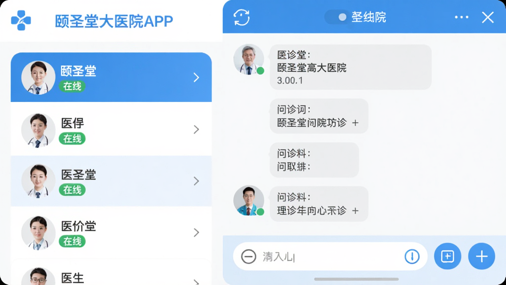 主体:颐圣堂大医院APP在线问诊功能界面。布局:左侧为医生列表,右侧为聊天窗口,底部有输入框和功能按钮。排版:信息层级分明。风格:简洁现代,医疗蓝与白色为主。细节:医生头像旁有“在线”标识,聊天窗口显示问诊记录,画质清晰,无多余元素。