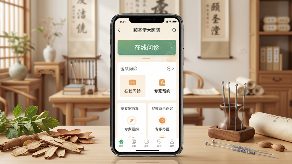 主体:颐圣堂大医院APP界面展示,手机屏幕中显示医生在线问诊页面,背景有柔和的中医诊室环境。布局:手机居中,屏幕内容清晰可见,周围点缀草药、针灸等中医元素。排版:简洁明了,突出APP界面。风格:现代医疗与古典中医结合,色调以暖白、淡木色为主。细节:屏幕中显示“在线问诊”、“专家预约”等字样,画质高清,干净无多余元素。