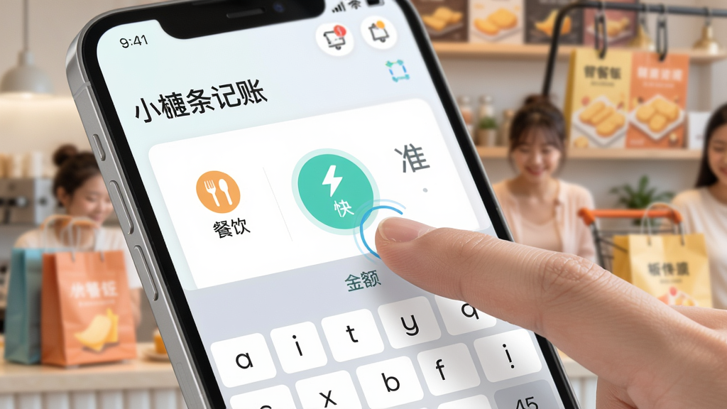 展示小薯条记账的“极速记账”功能,画面为一部手机放大界面,手指点击“餐饮”分类图标,金额键盘弹出,背景有模糊的购物场景,构图聚焦于点击动作,排版简洁,采用明亮清新的UI风格,突出“快”和“准”的感觉,画质清晰干净,无多余元素。