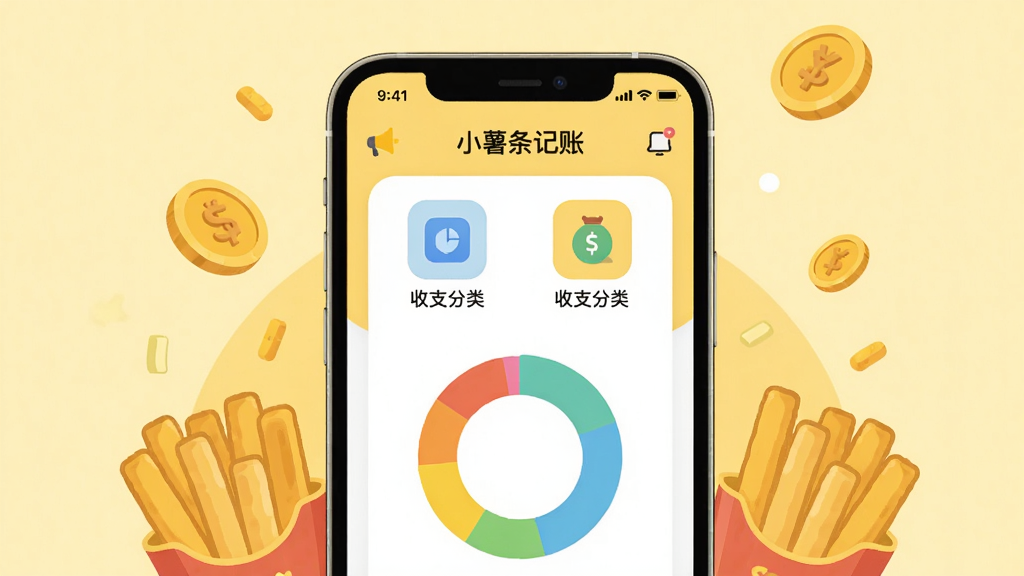 画面主体是一款名为“小薯条记账”的手机应用界面,背景为清新的浅黄色调,手机屏幕中央显示简洁的收支分类图标和彩色环形统计图,周围点缀着卡通薯条和金色硬币元素,构图居中,排版清爽,采用扁平化插画风格,细节丰富,画质高清干净,无多余元素。
