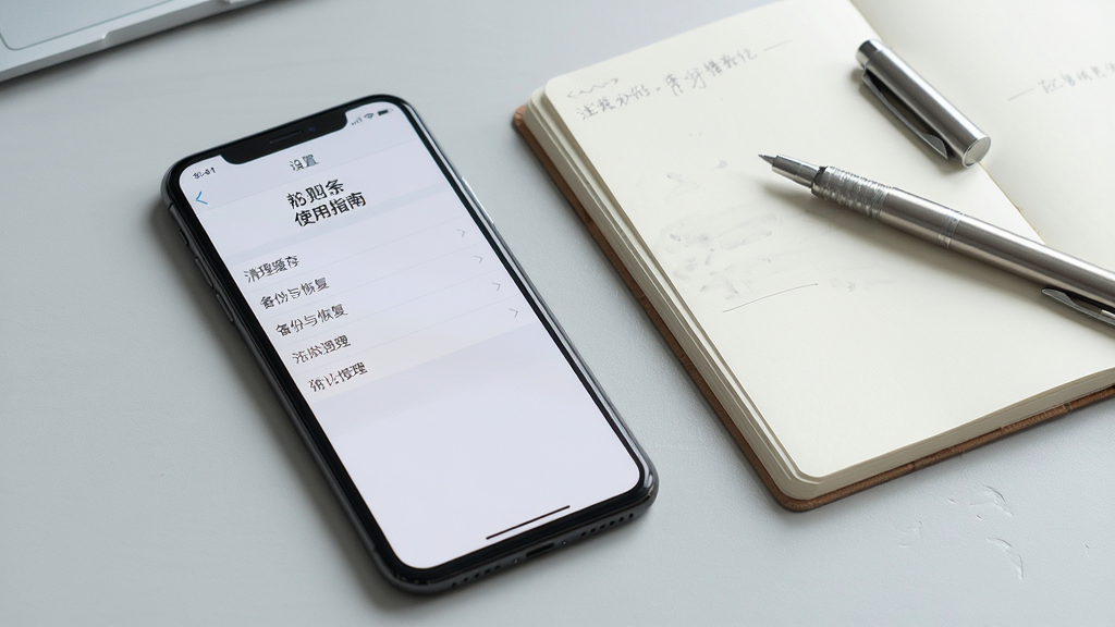 小薯条记账的“使用指南”场景,画面中一部手机旁边摆放着记事本和笔,手机屏幕显示“设置”页面,有“清理缓存”“备份与恢复”等选项,背景为浅灰色桌面,构图居中偏左,排版简洁,采用写实摄影风格,细节清晰,画质干净,无多余元素。