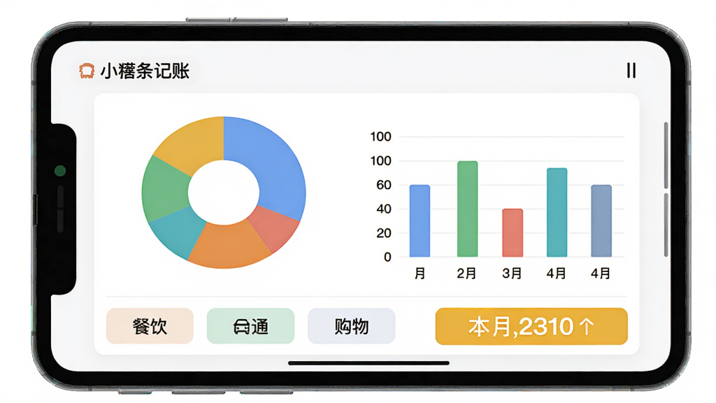 小薯条记账的智能统计界面,屏幕中显示彩色饼图与柱状图,图表下方有“餐饮”“交通”“购物”等分类标签,背景为纯净白色,排版整洁,采用数据可视化风格,高亮显示本月支出总额,画质精细干净,无多余元素。