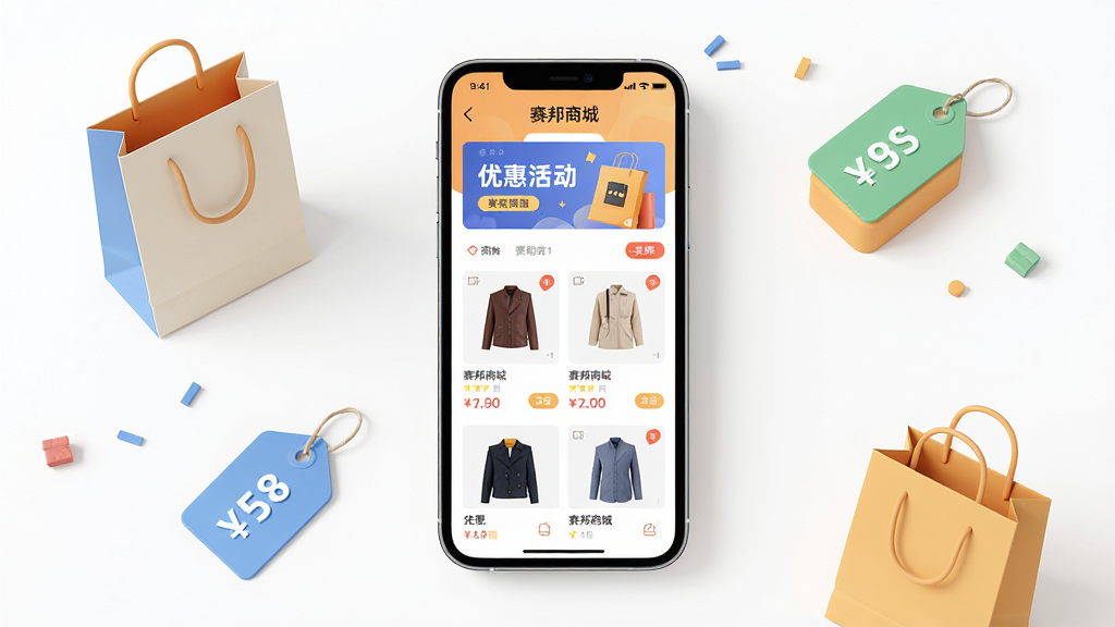 主体:赛邦商城APP界面展示,手机屏幕显示商品列表和优惠活动横幅。布局:手机居中,屏幕内容清晰可见,周围有简洁的购物袋、价格标签等元素点缀。排版:采用居中构图,手机屏幕为视觉焦点,辅助元素环绕分布。风格:现代简约,色彩明亮,突出购物氛围。细节:屏幕中显示“赛邦商城”字样和商品图片,价格标签清晰。画质:高清,干净,无多余元素。