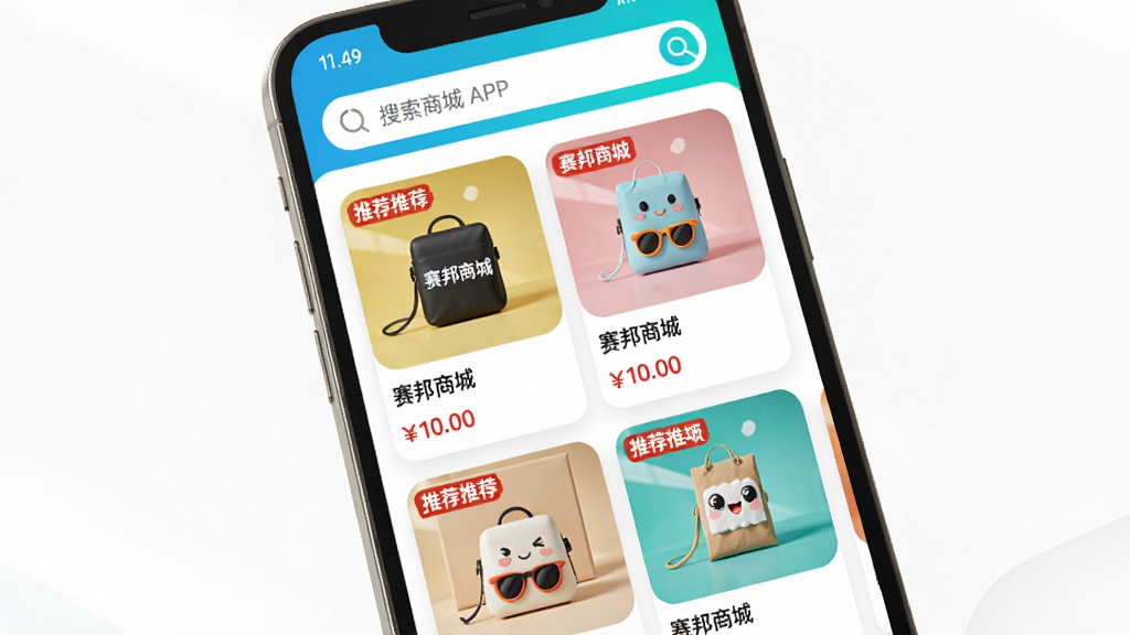 主体:赛邦商城APP首页推荐页面。布局:手机竖屏展示,顶部搜索栏,下方瀑布流商品卡片。排版:商品卡片整齐排列,每张卡片包含商品图、名称和价格。风格:清新明亮,色彩活泼。细节:卡片上标有“赛邦商城”logo,推荐标签醒目。画质:高清,干净,无多余元素。