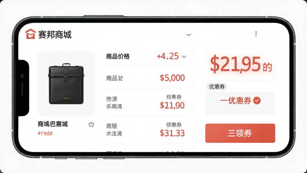 主体:赛邦商城比价功能界面。布局:手机屏幕显示商品价格对比图表和优惠券领取页面。排版:左侧商品图,右侧价格列表和领券按钮。风格:商务简洁,重点突出价格优势。细节:价格数字放大显示,“赛邦商城”logo在左上角。画质:高清,干净,无多余元素。