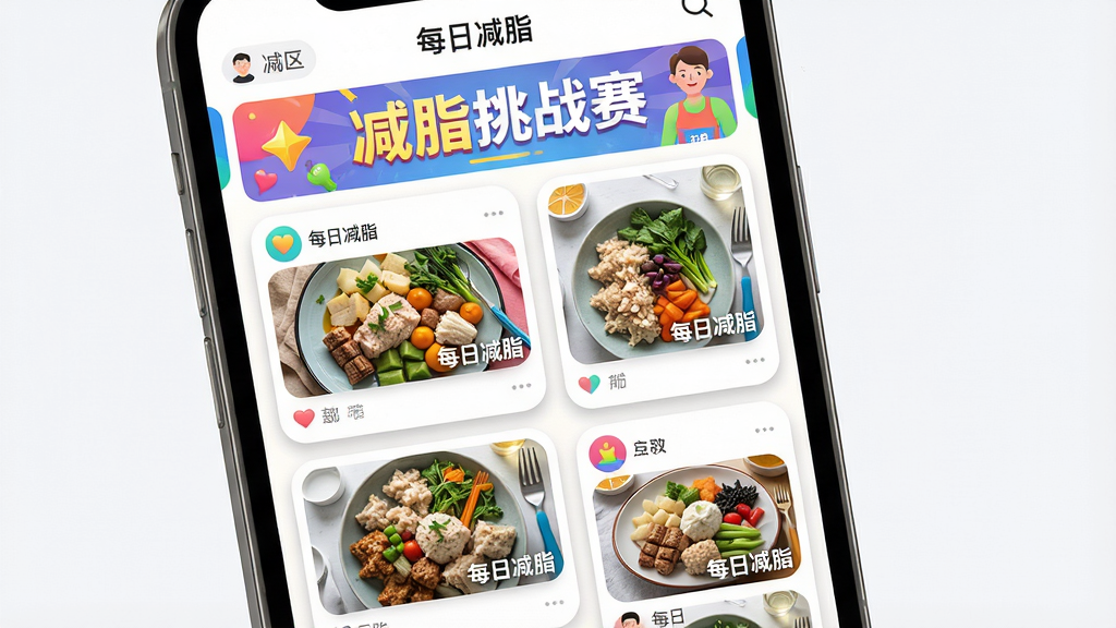 主体:手机屏幕展示“每日减脂”社区页面,顶部有“减脂挑战赛”横幅,下方为动态卡片。布局:瀑布流形式,卡片错落有致。排版:卡片圆角,阴影柔和。风格:活泼明快,色彩丰富。细节:卡片上显示用户晒出的减脂餐照片,有“每日减脂”水印。画质:高清,干净,无多余元素。