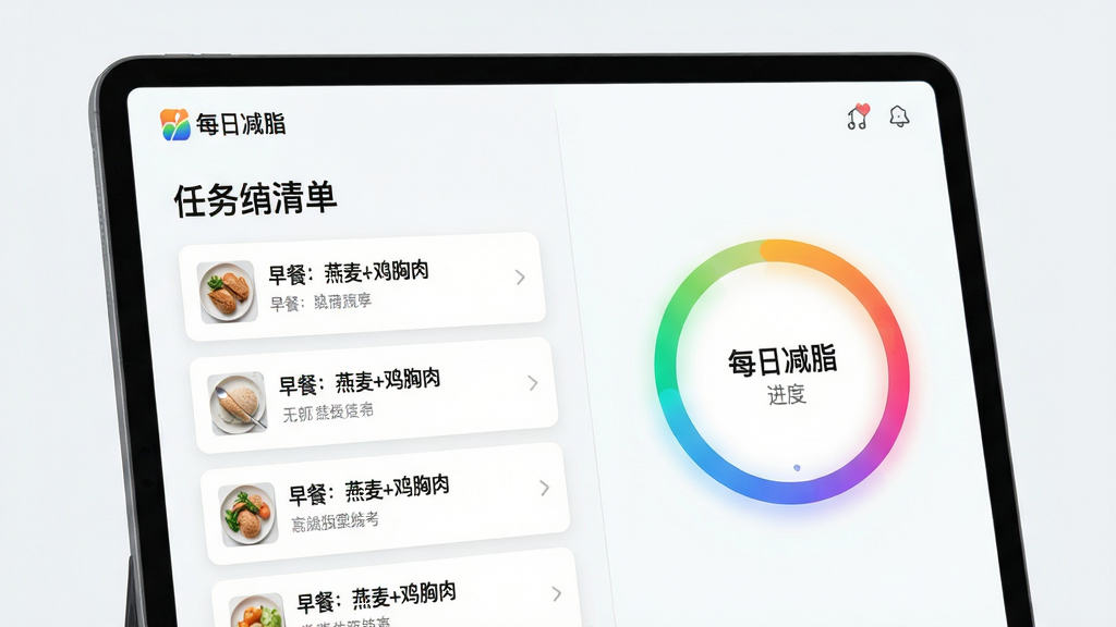 主体:平板设备显示“每日减脂”个性方案界面,左侧为任务清单,右侧为进度环。布局:左右分栏,清晰直观。排版:任务项以卡片形式排列,进度环色彩渐变。风格:简约商务,科技感十足。细节:界面出现“每日减脂”Logo,任务项包含“早餐:燕麦+鸡胸肉”等文字。画质:锐利,干净,无多余元素。